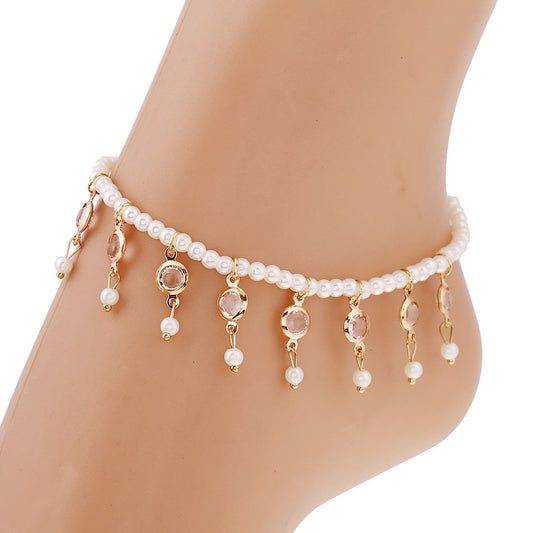 Atlantis Dream Pearl Crystal Tassel Elastic Anklet
